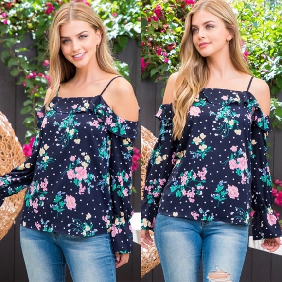 NEW COLD OFF SHOULDER POLKA DOT RUFFLE DETAIL SPAGHETTI‎ STRAP FLORAL NAVY TOP - Picture 2 of 10